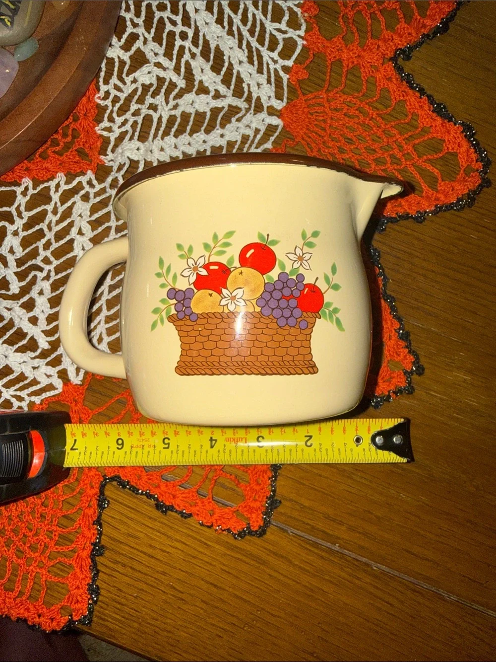Vintage 1986 FTDA Fruit Basket Pitcher Cream Enamelware Country Kitchen
